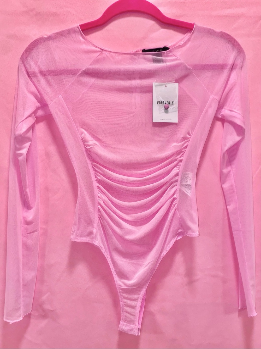 Forever 21 Pink Sheer Mesh Long-Sleeve Bodysuit Bubblegum Baby Light Thin Small